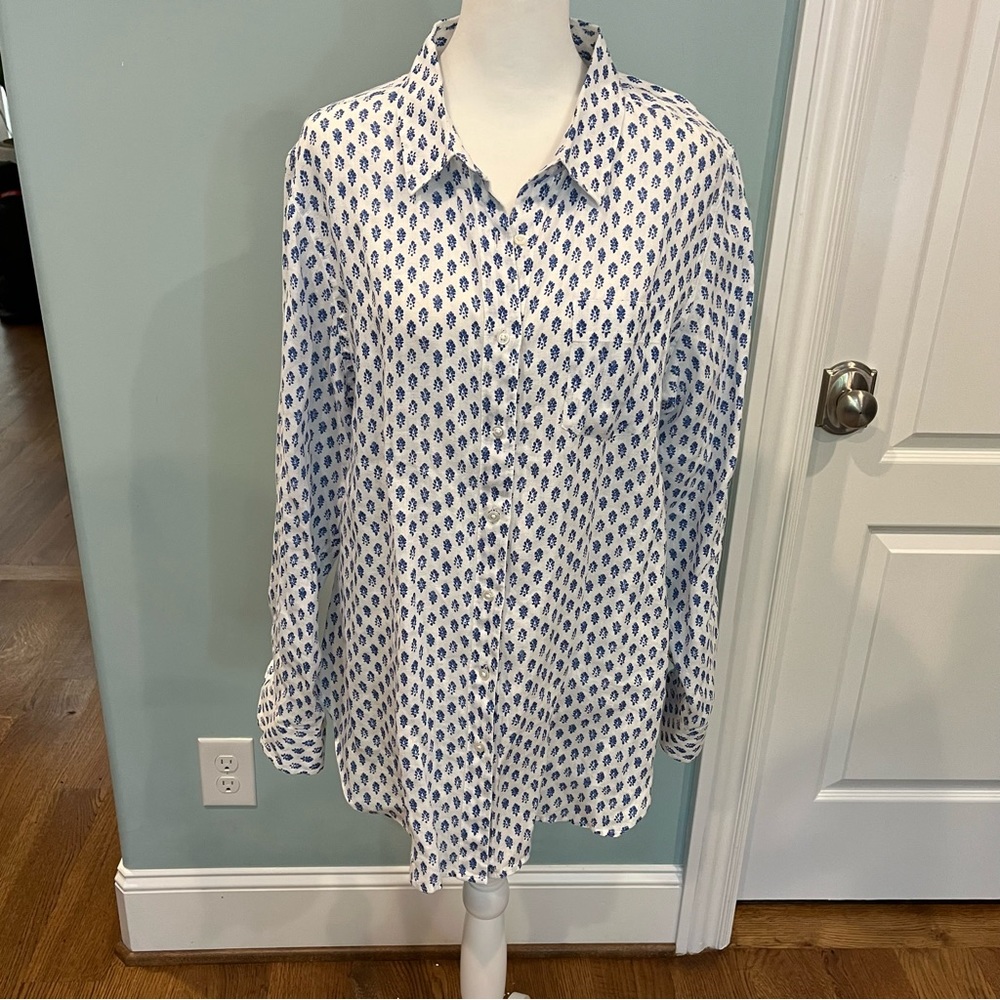 L.L. Bean Premium Linen Long Sleeve Button Front Washable Tunic White Blue Sz L
